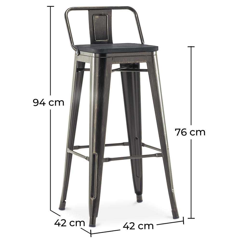 Tabouret de bar style Bistrot Metalix avec petit dossier - Métal et bois foncé - 76 cm
