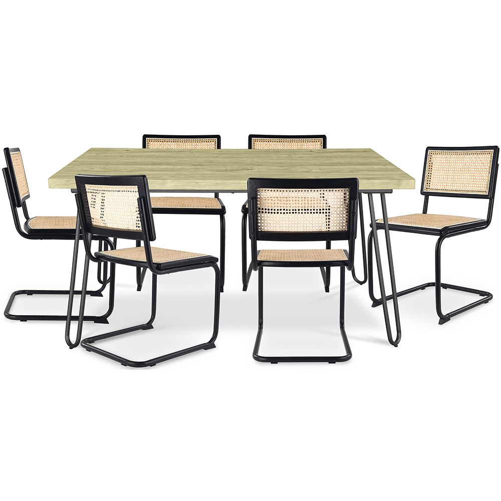 Lot Table de salle à manger épingle à cheveux 150x90 & 6 chaises en rotin noir - Canvas